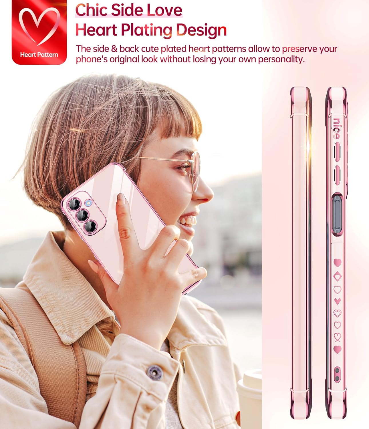 LeYi for Galaxy A16-5G Phone Case: Tempered Glass Screen Protector [2 Pcs]+ Full Camera Lens Protection,Love Heart Plating Luxury Shockproof Phone Case para Samsung A 16 5G Cute,Pink