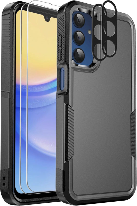 Ezanmull Phone Case for Samsung Galaxy A15 5G Black | 15 FT Military Grade Drop Protection, Glass Screen Protector, Camera Lens Protector, Non-Slip, Shockproof Case