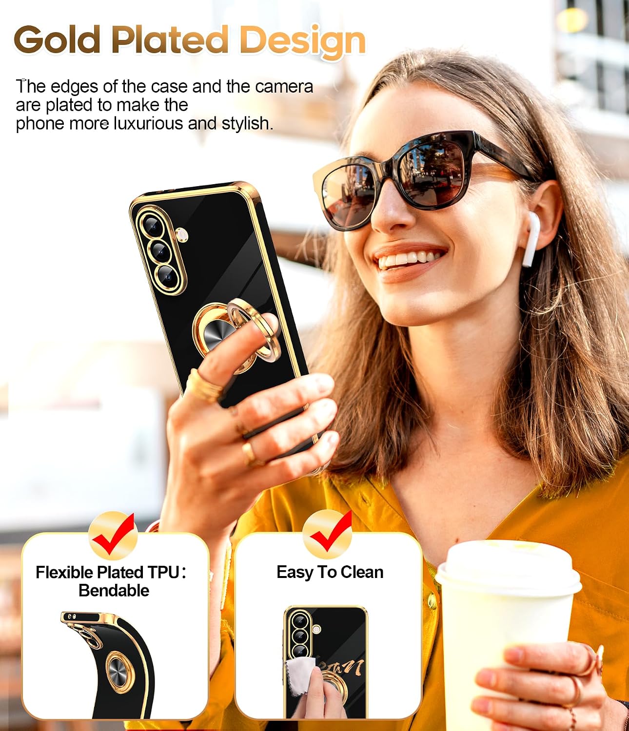 LeYi for Samsung A57 Case, 360°Magnetic Kickstand Rose Gold Plated Edge