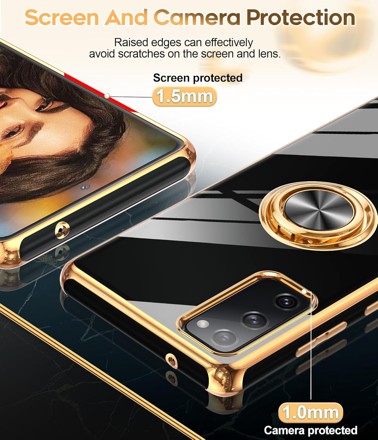 LeYi for Samsung Galaxy S20-FE-5G Case: S20FE/S 20FE Phone Case with Tempered Glass Screen Protector [2 Pack], Ring Holder Magnetic Kickstand, Plating Rose Gold Protective Case for Women Girls, Black