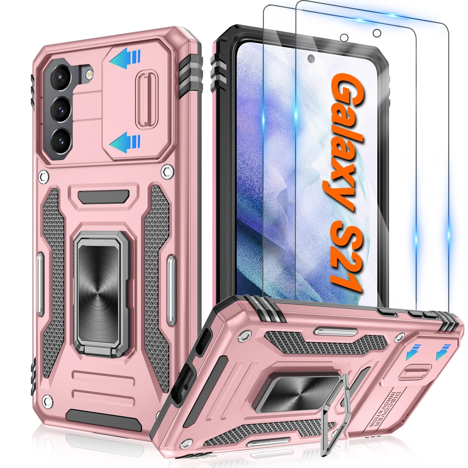 ATUMP for Samsung Galaxy S21 Case with [2 Pack] HD Screen Protector & Slide Camera Cover, 360° Rotation Ring Kickstand [Military Grade] Shockproof Protective Case for Galaxy S21 5G 6.2inch, Black