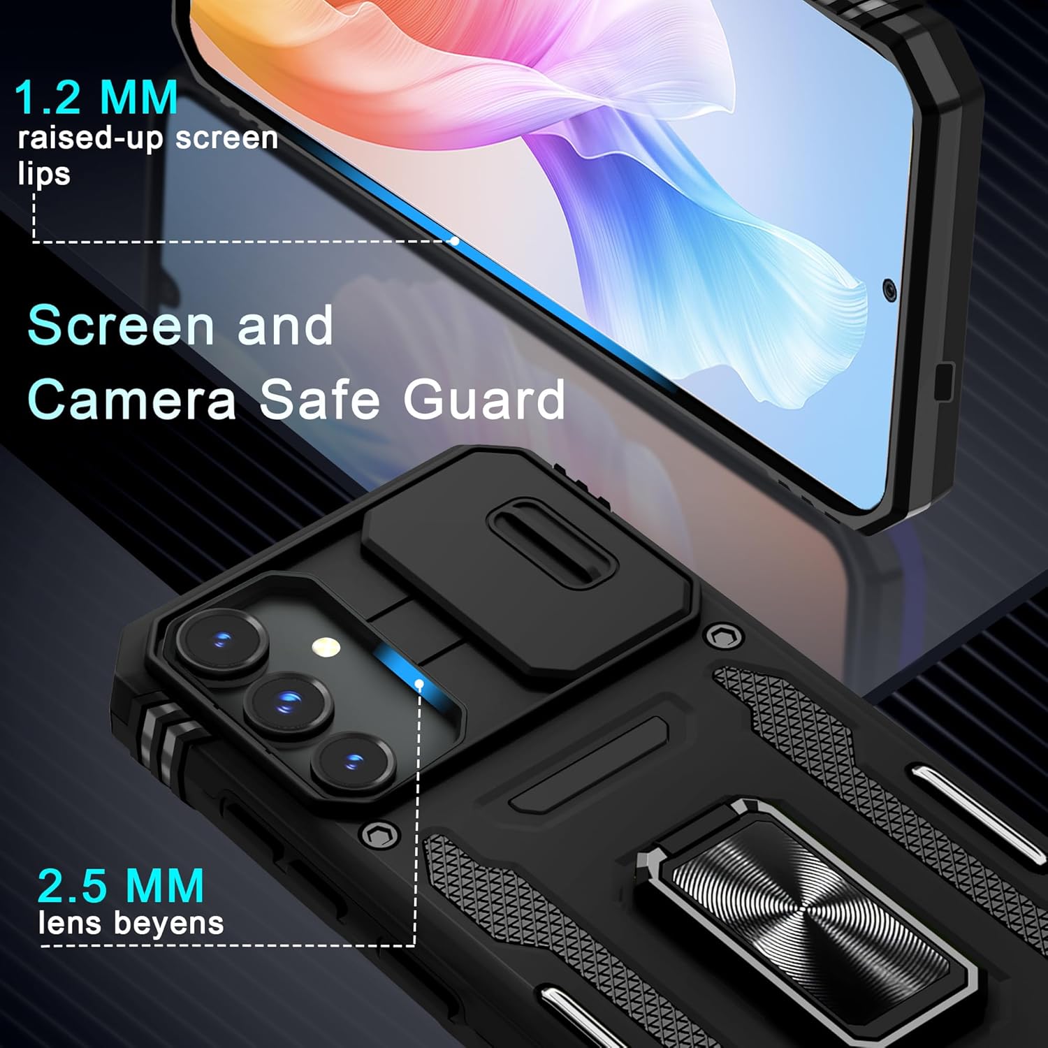 DEERLAMN Case for Samsung Galaxy S24+ Plus with Slide Camera Cover+Screen Protector (1 Pack), Rotated Ring Kickstand Military Grade Shockproof Protective Cover-Black