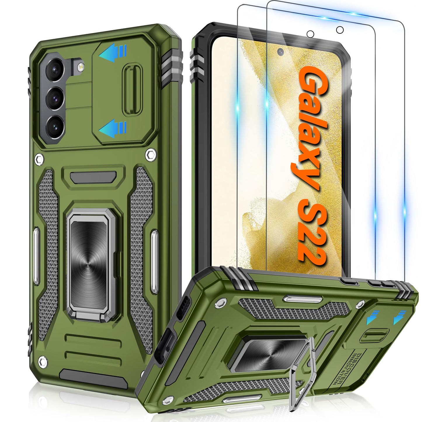 ATUMP for Samsung Galaxy S21 Case with [2 Pack] HD Screen Protector & Slide Camera Cover, 360° Rotation Ring Kickstand [Military Grade] Shockproof Protective Case for Galaxy S21 5G 6.2inch, Black