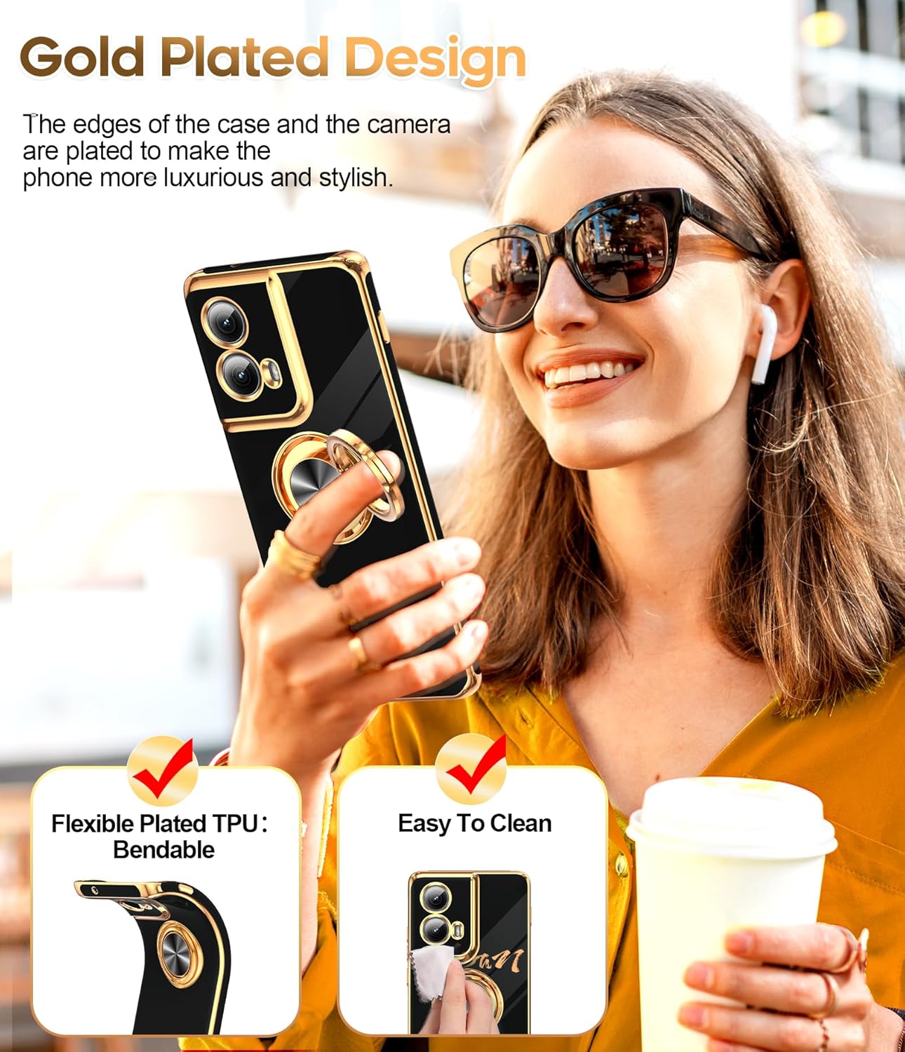 LeYi for Motorola-Edge-2024-Case: 【NOT FIT Edge 50/ G 5G 2024】 with 360° Rotatable Ring Holder Magnetic Kickstand, Plating Rose Gold Edge Protective for Motorola Moto Edge 5G 2024 Case, Black