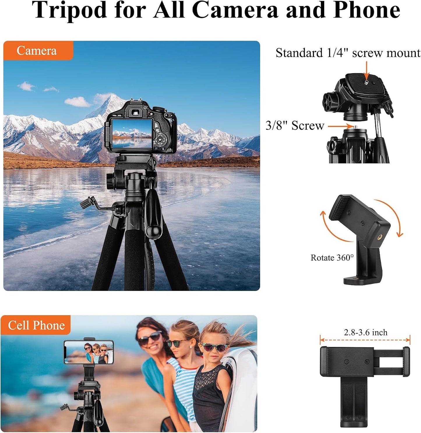 Victiv 74” Camera Tripod, Phone Tripod for iPhone with Phone Holder, Orange | Aluminum Professional Heavy Duty Camera Tripod Stand, Tall Tripod for DSLR with Carry Bag, Compatible with Canon Nikon iPhone