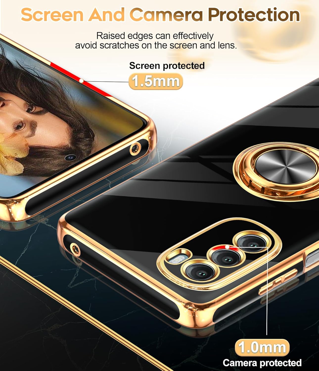 LeYi for Moto G Stylus 5G 2022 Case: with Tempered Glass Screen Protector [2 Pack] 360° Rotatable Ring Holder Magnetic Kickstand, Plating Rose Gold Edge for Motorola G Stylus 5G 2022 Case, Black