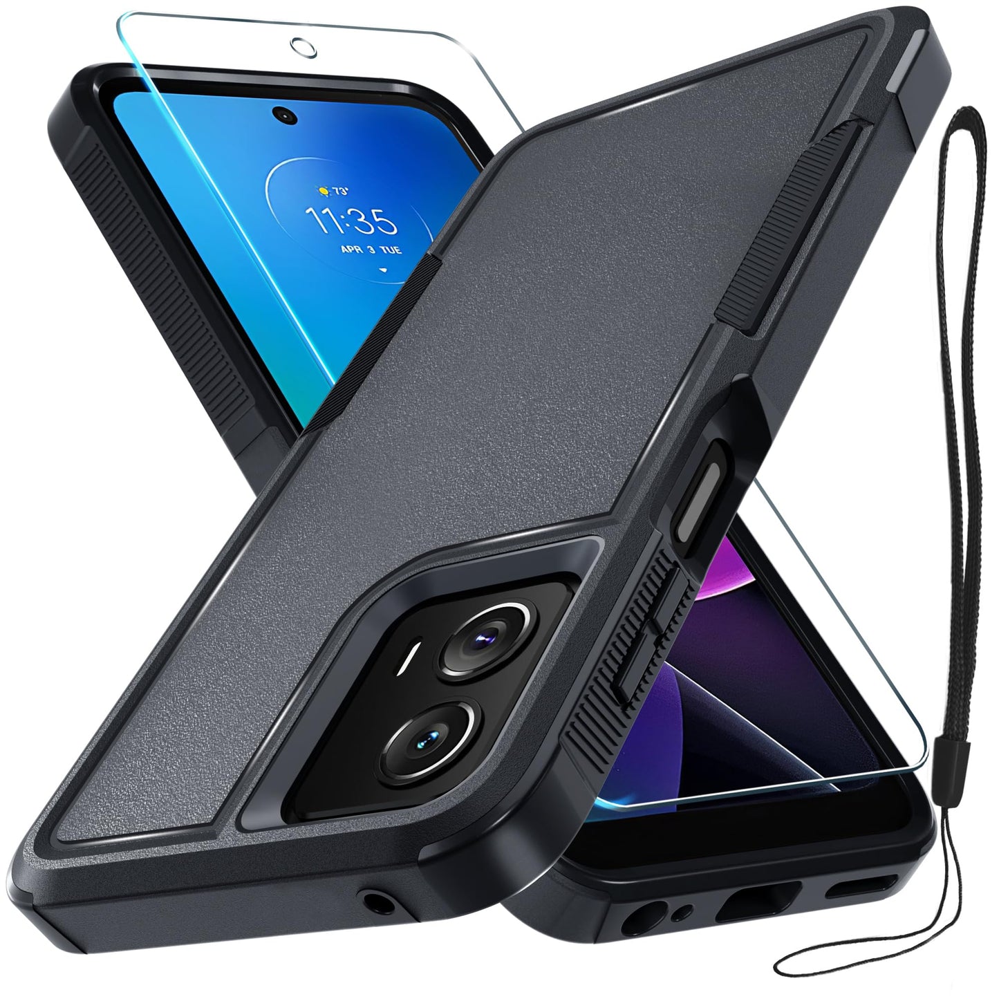 for Motorola G Play 2026/Moto G 2026 Case, Full Body Heavy Duty Rugged Shockproof Protective Phone Cover with Lanyard Strap+Tempered Glass Screen Protector, Black Matte