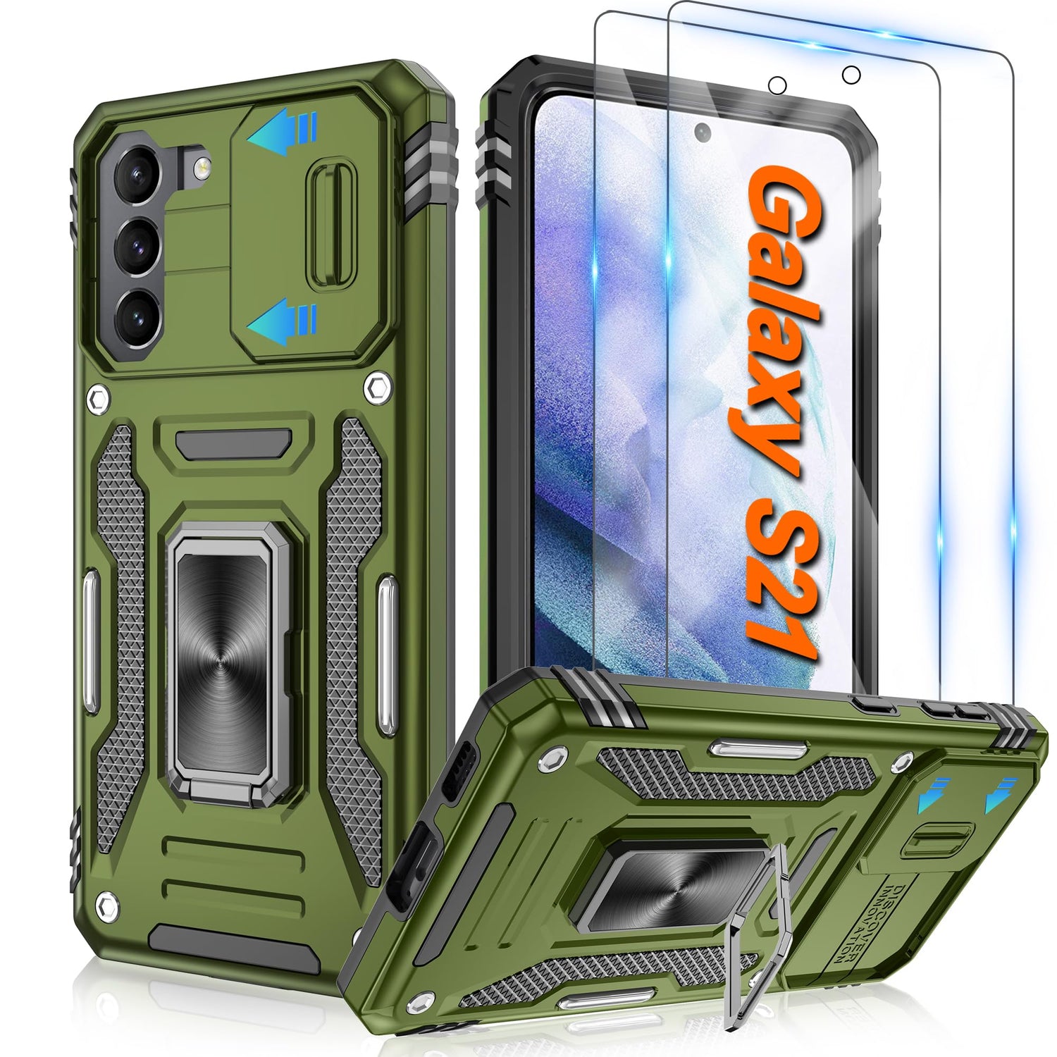 ATUMP for Samsung Galaxy S21 Case with [2 Pack] HD Screen Protector & Slide Camera Cover, 360° Rotation Ring Kickstand [Military Grade] Shockproof Protective Case for Galaxy S21 5G 6.2inch, Black