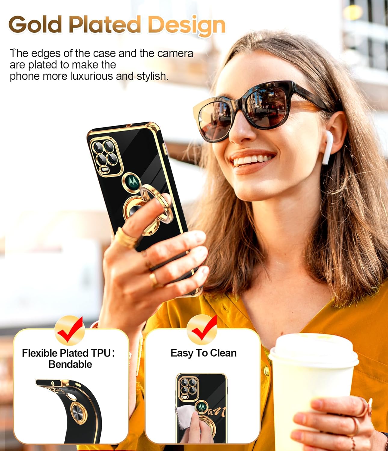 LeYi for Moto G Stylus 5G 2021 Case: with Tempered Glass Screen Protector [2 Pack] 360° Rotatable Ring Holder Magnetic Kickstand, Plating Rose Gold Edge Motorola G Stylus 5G 2021 Case, Black