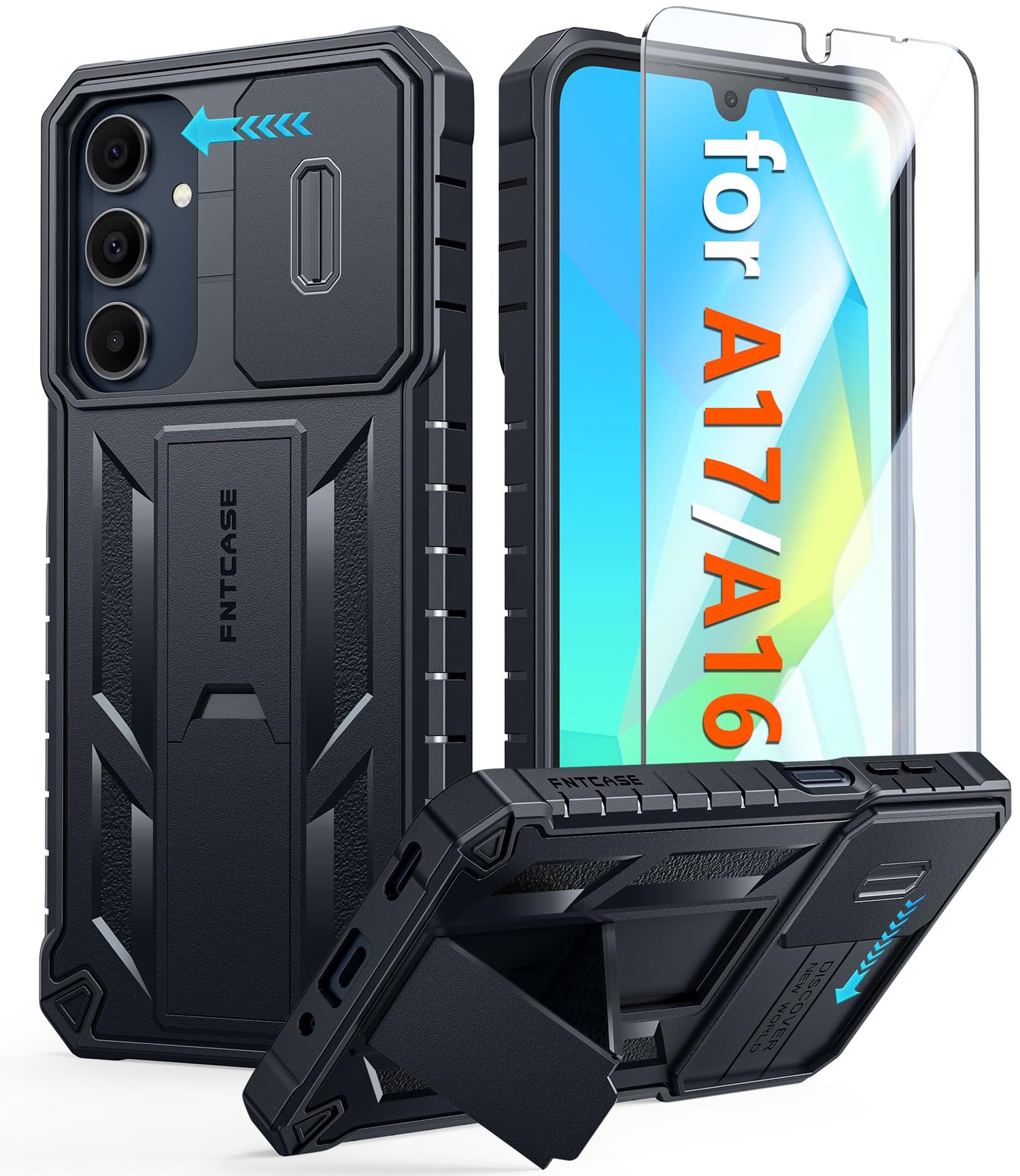 FNTCASE for Galaxy A17/A16-5G Case: Samsung A17 5G Military-Grade Dropproof Phone Cover with Kickstand & Slide Camera Cover | Protective Heavy Duty Rugged Phone Case Bumper Textured Protector (Blue)