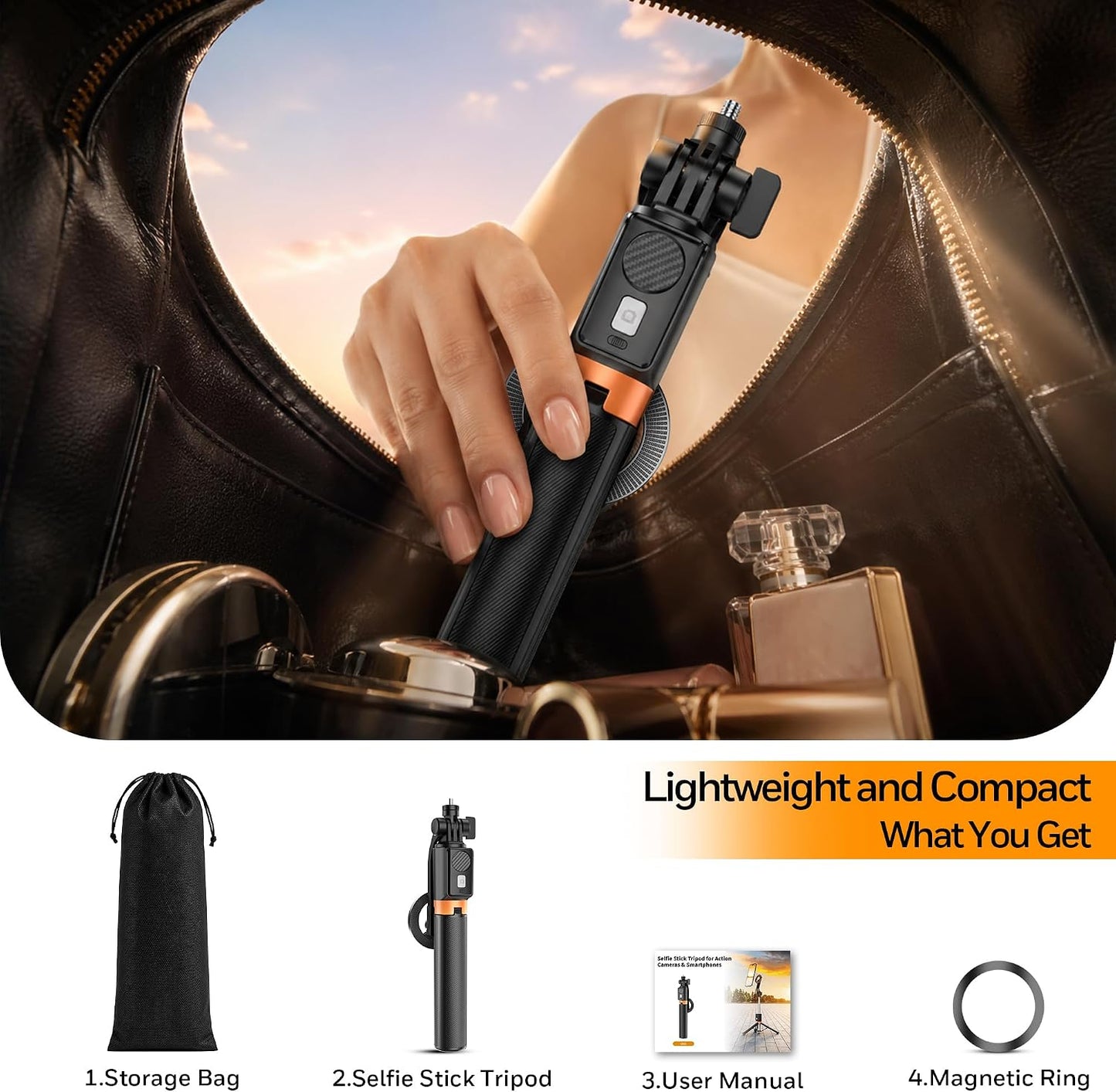 Magnetic Selfie Stick Tripod with 1/4" Camera Mount, Dual Device Phone & Camera Setup, Portable Content Creator Stand with Remote Control Phone Tripod for TikTok Live Streaming Travel Video Recording