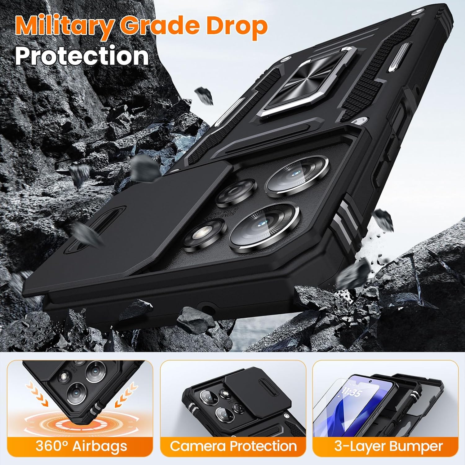 for Moto G Power 2025 Case/Moto G Power 2026 Case with 2 PCS HD Screen Protector, Slide Camera Cover Military Grade Drop Protection 360° Ring Holder Kickstand, Heavy Duty Shockproof, Black