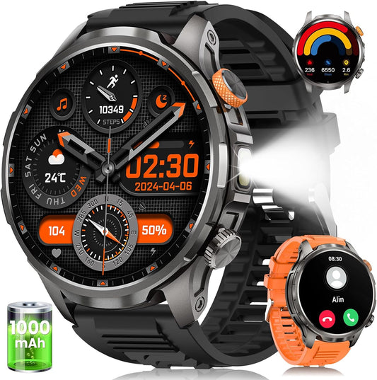 Military Smart Watches for Men, Smart Watch with 100 Days Battery/Flashlight/Heart Rate/Sleep/SpO2 Monitor/Calling/110+ Sports Mode, 5 ATM Rugged Men's Fitness Tracker Watch for Android iPhone(Black)