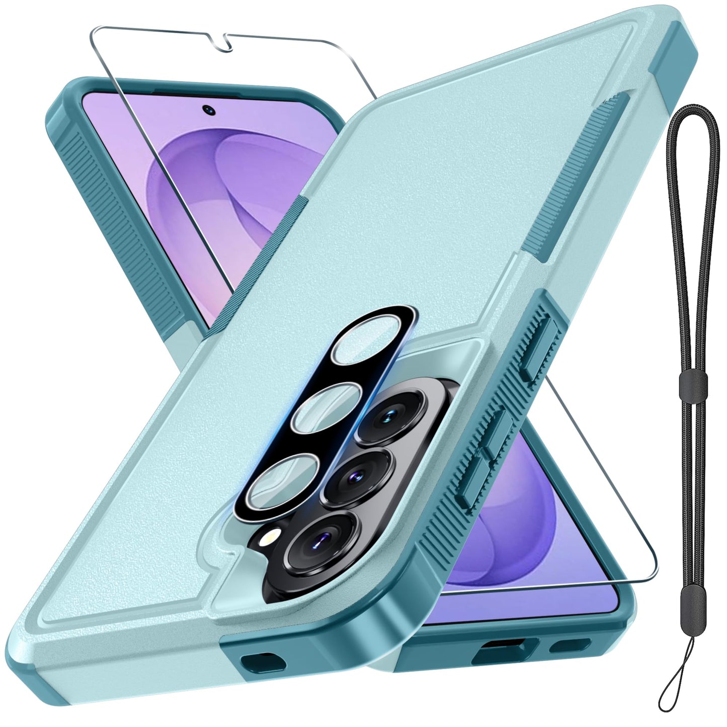 Case for Samsung Galaxy A17 5G Phone Cover with Screen Protector+Camera Lens Cover,Military Grade Heavy Duty Shockproof PhoneCase with Wrist Lanyard Strap for Sam A17,Mint Green