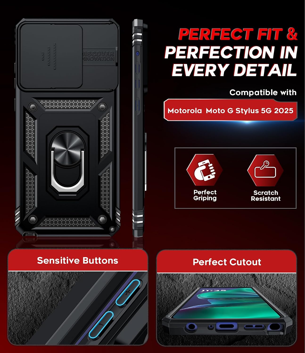LeYi for Motorola Moto G Stylus 2025-Case: 【𝐍𝐨𝐭 𝐅𝐢𝐭 𝐌𝐨𝐭𝐨 𝐆 𝟐𝟎𝟐𝟓】Moto G Stylus 2026 Case 5G, Slide Camera Cover Screen Protector, Tough Armor Android Unlocked Phone Magnetic Stand, Black