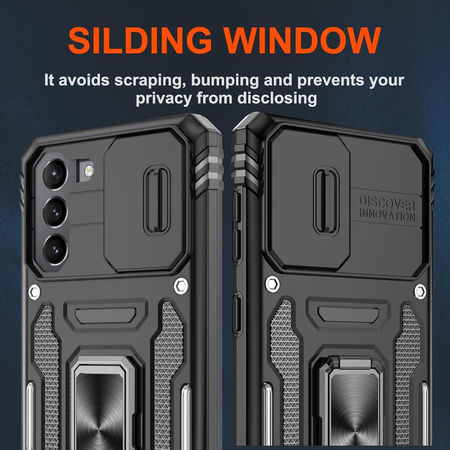 ATUMP for Samsung Galaxy S21 Case with [2 Pack] HD Screen Protector & Slide Camera Cover, 360° Rotation Ring Kickstand [Military Grade] Shockproof Protective Case for Galaxy S21 5G 6.2inch, Black