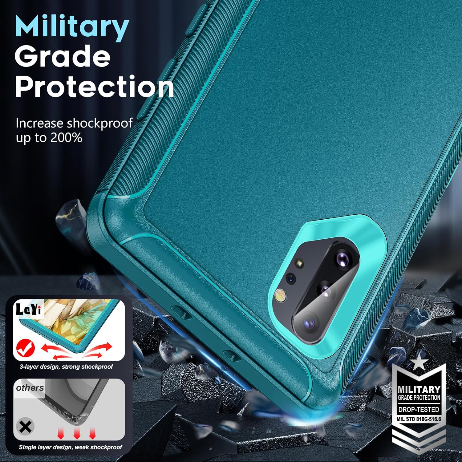 LeYi Compatible for Samsung Galaxy Note 10 Plus Case: Heavy Duty 3 in 1 Note 10 Plus Phone Case, Military Grade Shockproof Phone Case Cover for Samsung Note 10 Plus, Teal