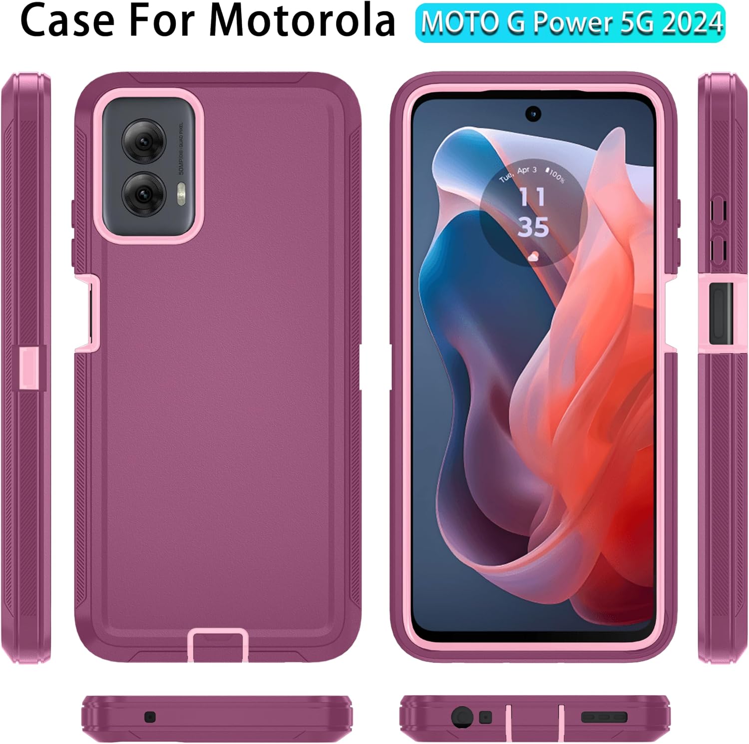 Qinmay Phone Case for Motorola Moto G Power 5G 2024 Case with HD Screen Protector, Heavy Duty Shockproof & Cover Phone Case for Moto G Power 2024,WineRed Pink