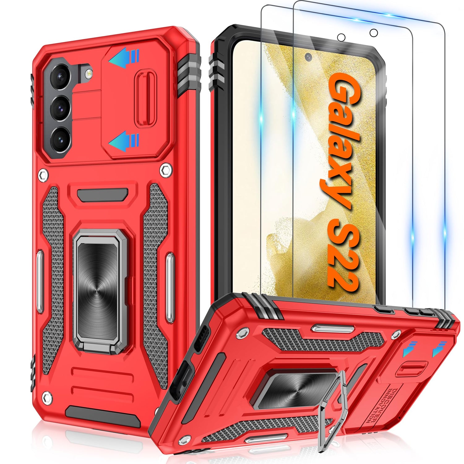 ATUMP for Samsung Galaxy S21 Case with [2 Pack] HD Screen Protector & Slide Camera Cover, 360° Rotation Ring Kickstand [Military Grade] Shockproof Protective Case for Galaxy S21 5G 6.2inch, Black