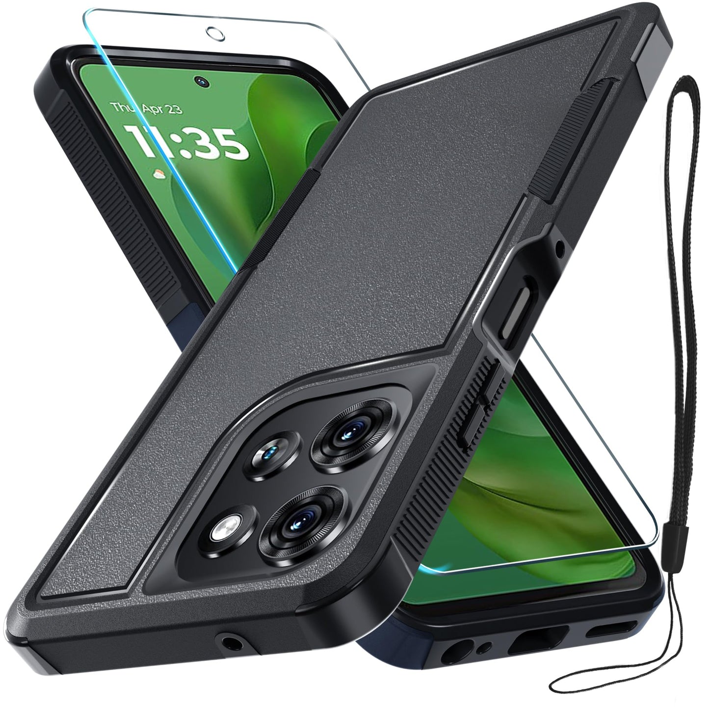 for Motorola Moto G Power 2026 Case, Full Body Heavy Duty Rugged Shockproof Protective Phone Cover with Lanyard Strap+Tempered Glass Screen Protector, Black Matte