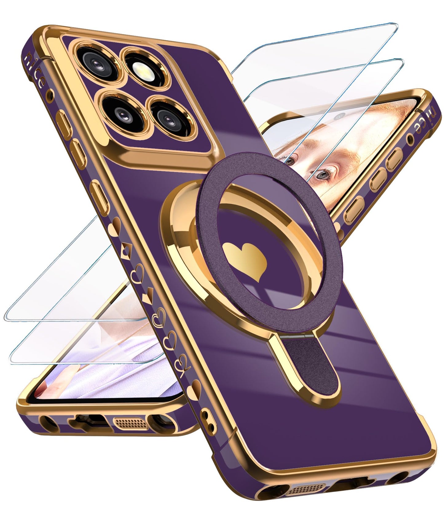 for Motorola Moto G Stylus 5G 2025/2026 Phone Case with Screen Protector,Cute Love Heart,Ring Metal Kickstand,Plated Gold Edge Soft TPU Protection Cover for Moto G Stylus 2025/2026 (Pink)