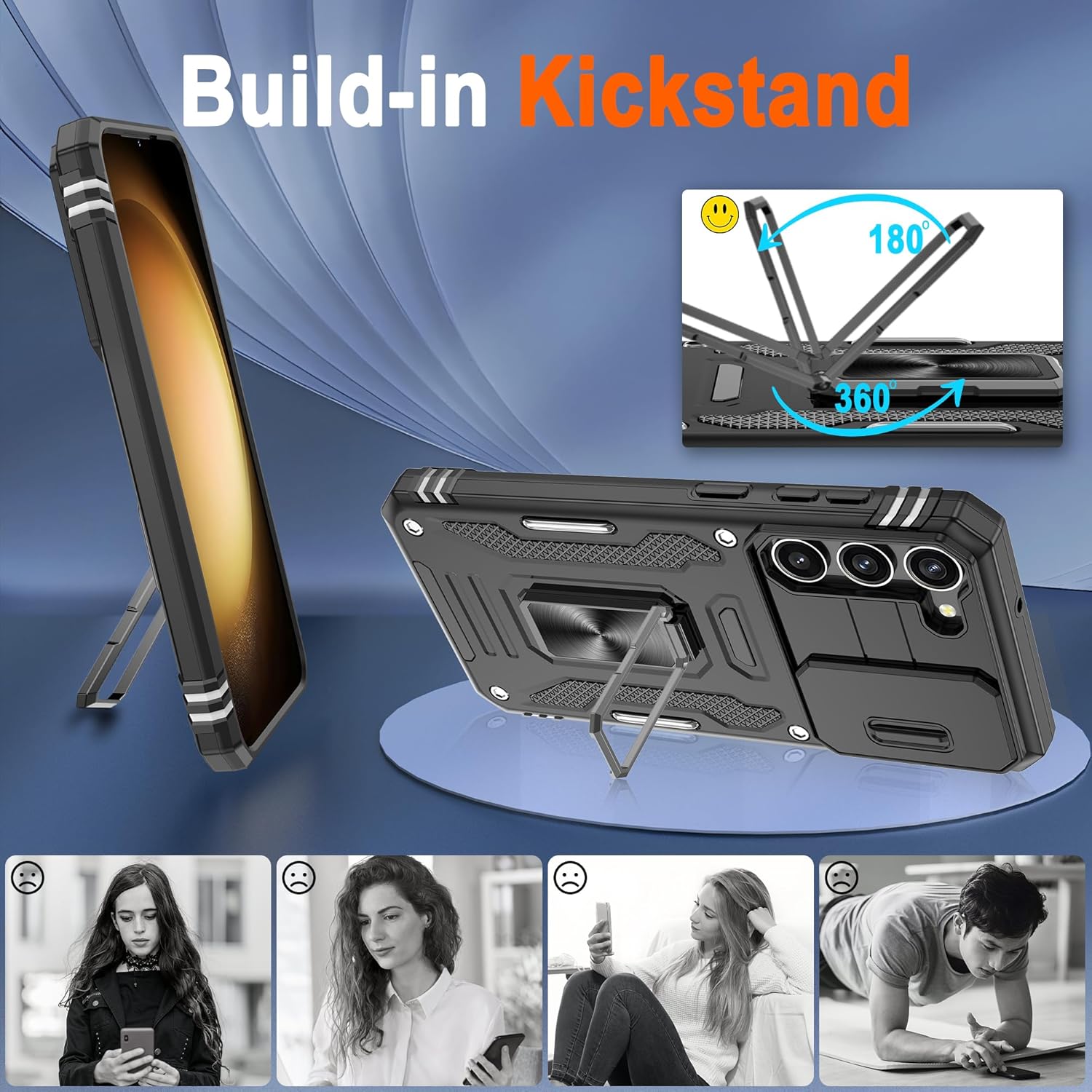 ATUMP for Samsung Galaxy S23 Case with [2 Pack] HD Screen Protector & Slide Camera Cover, 360° Rotation Ring Kickstand [Military Grade] Shockproof Protective Case for Galaxy S23 5G 6.1", Black
