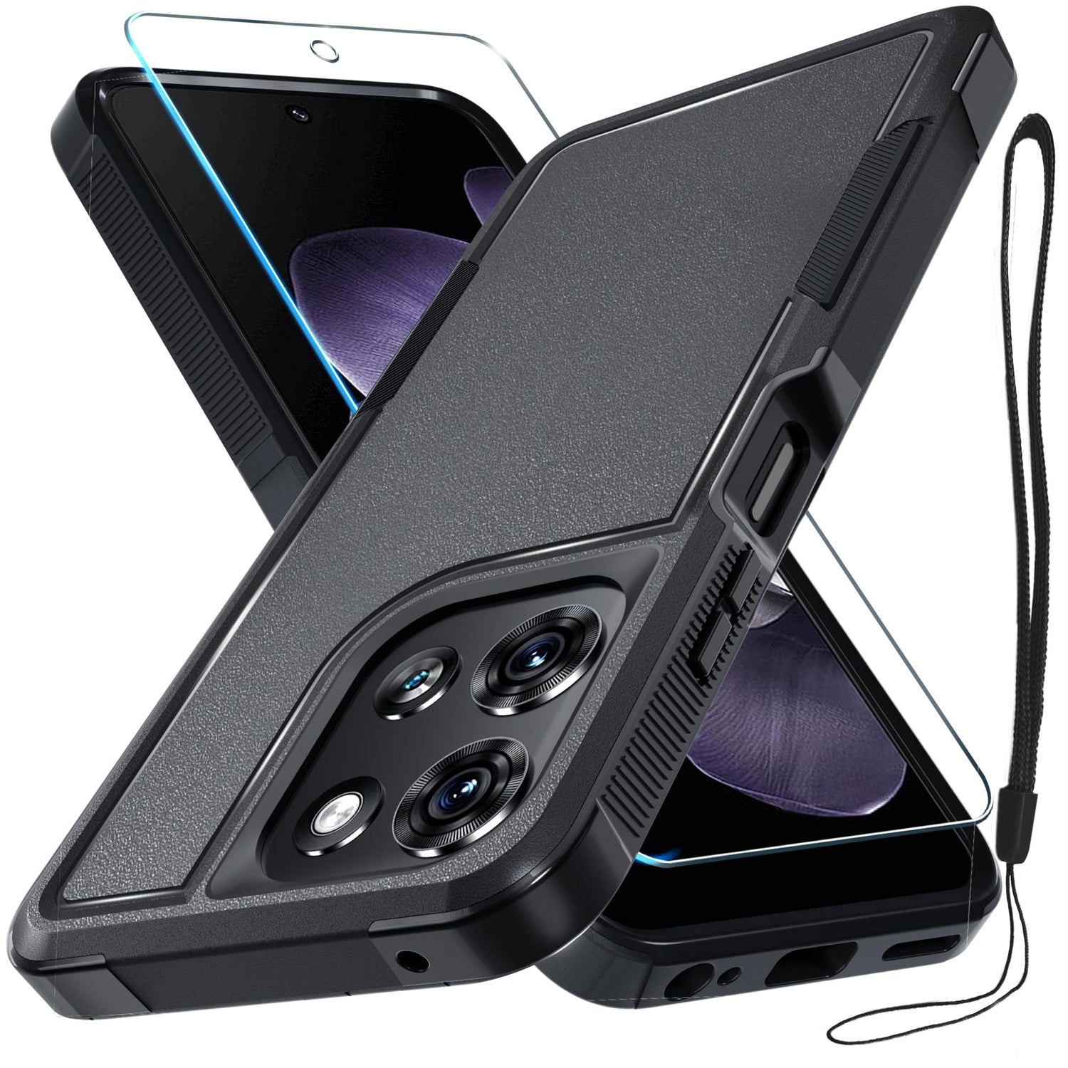 for Motorola G Play 2026/Moto G 2026 Case, Full Body Heavy Duty Rugged Shockproof Protective Phone Cover with Lanyard Strap+Tempered Glass Screen Protector, Black Matte