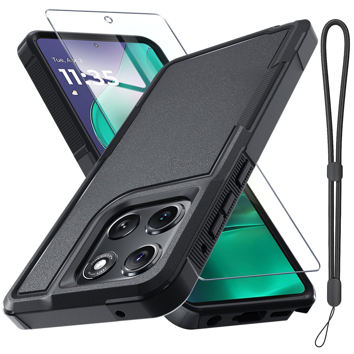 for Motorola G Play 2026/Moto G 2026 Case, Full Body Heavy Duty Rugged Shockproof Protective Phone Cover with Lanyard Strap+Tempered Glass Screen Protector, Black Matte