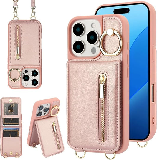 Crossbody Wallet Case for Iphone 16 Pro Max, with Card Slots Zipper Pocket Case, Flip Folio Purse RFID Blocking with Ring Kickstand Detachable Strap-Pink