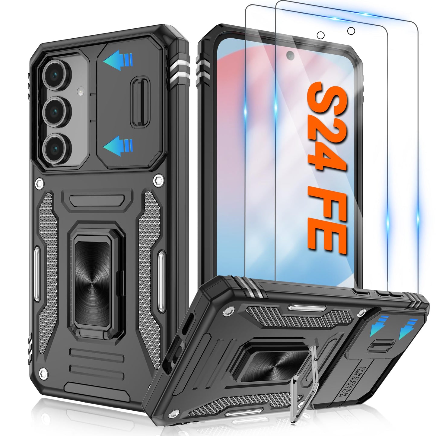 ATUMP for Samsung Galaxy S21 Case with [2 Pack] HD Screen Protector & Slide Camera Cover, 360° Rotation Ring Kickstand [Military Grade] Shockproof Protective Case for Galaxy S21 5G 6.2inch, Black