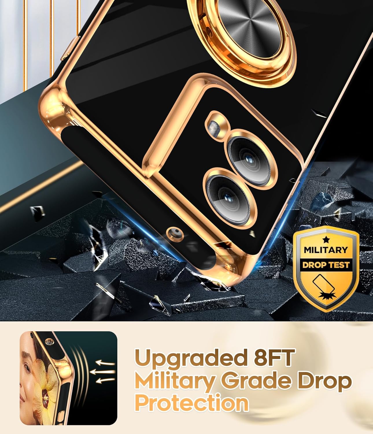 LeYi for Motorola-Edge-2024-Case: 【NOT FIT Edge 50/ G 5G 2024】 with 360° Rotatable Ring Holder Magnetic Kickstand, Plating Rose Gold Edge Protective for Motorola Moto Edge 5G 2024 Case, Black