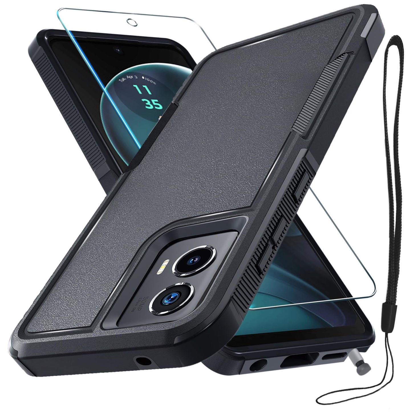 for Motorola Moto G Power 2026 Case, Full Body Heavy Duty Rugged Shockproof Protective Phone Cover with Lanyard Strap+Tempered Glass Screen Protector, Black Matte
