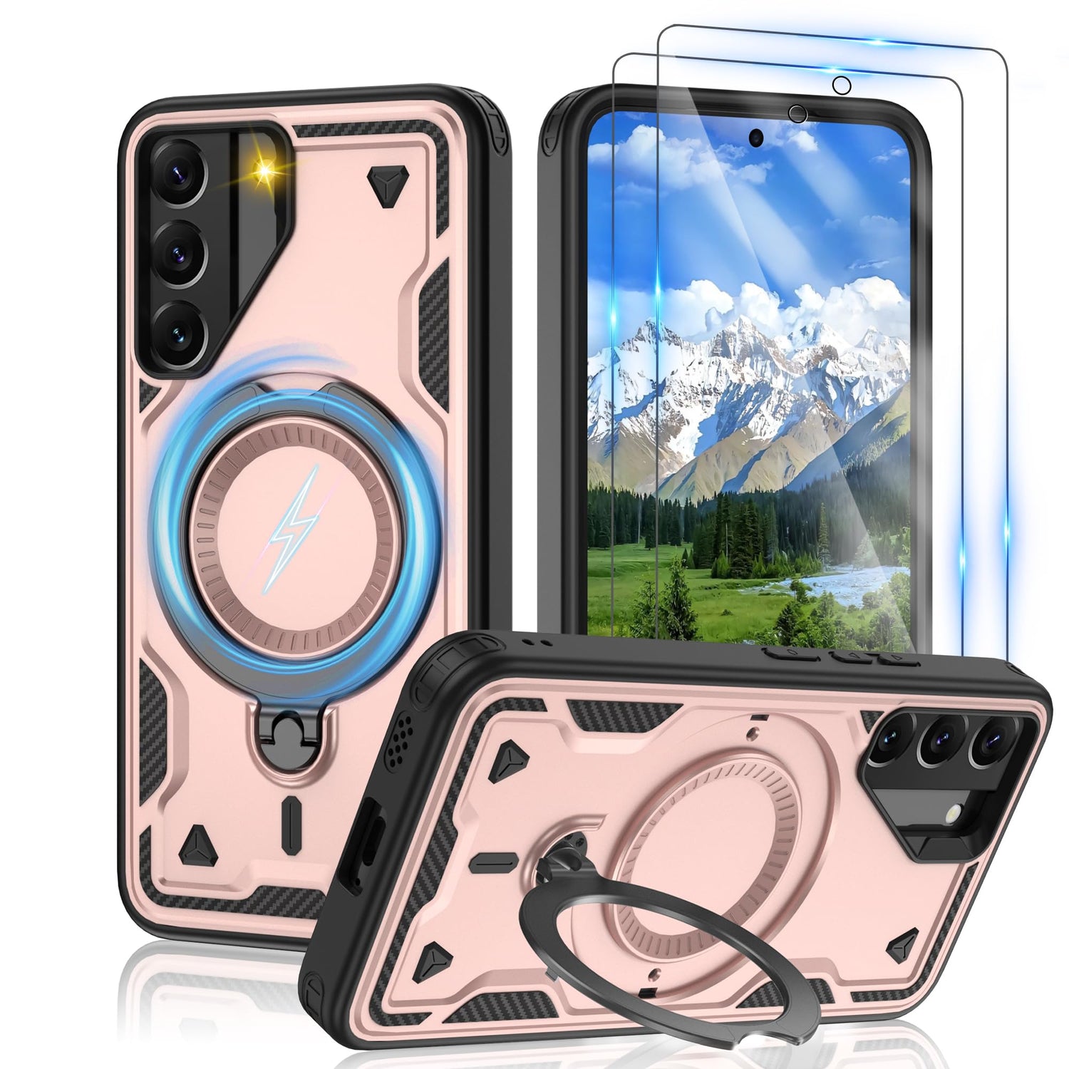 Gritup for Samsung Galaxy-S22 Case:Compatible with MagSafe & [HD Screen Protector×2],Metal Rotated Kickstand,Military Grade Drop Proof Anti-Fingerprint Protective Case for Samsung S22,Black