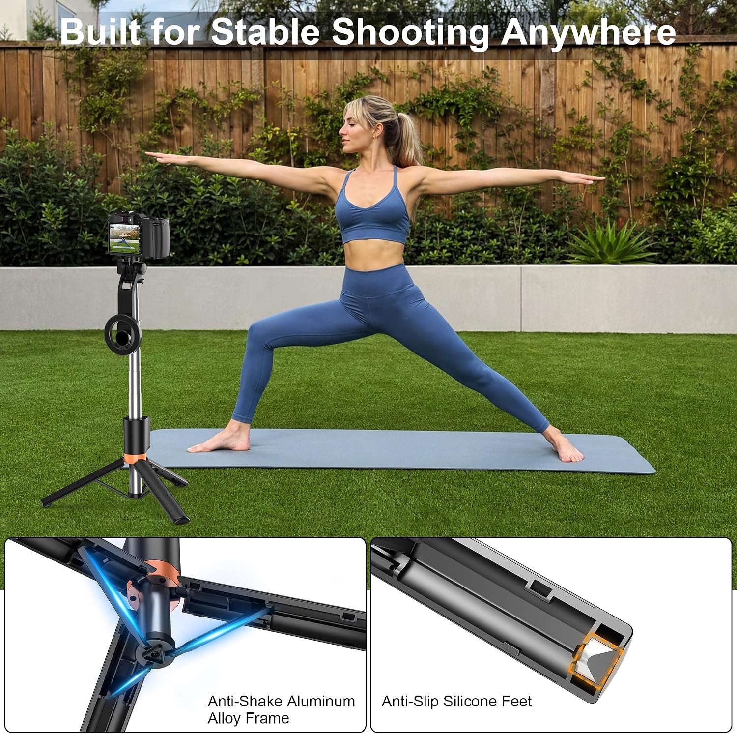 Magnetic Selfie Stick Tripod with 1/4" Camera Mount, Dual Device Phone & Camera Setup, Portable Content Creator Stand with Remote Control Phone Tripod for TikTok Live Streaming Travel Video Recording