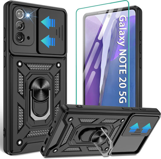 for Samsung Galaxy Note20 Case with Slide Camera Cover, Military-Grade Protection, 360 Rotating Kickstand, Includes 1 Pack HD Screen Protectors丨Black