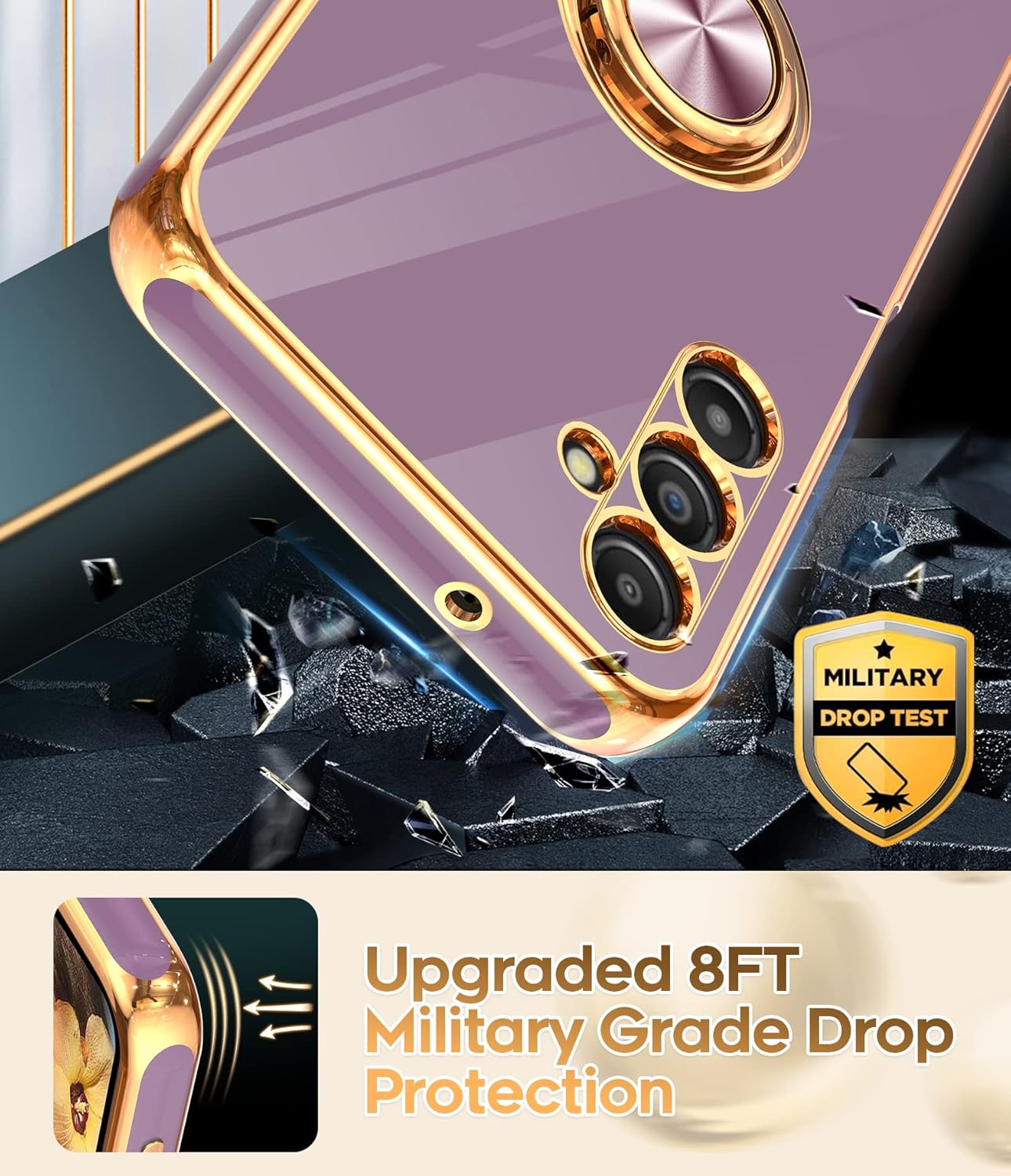 LeYi for Samsung Galaxy A14 5G Case with [2 Pack] Tempered Glass Screen Protector 360° Rotatable Ring Holder Magnetic Kickstand, Plating Rose Gold Edge Protective Case, Purple