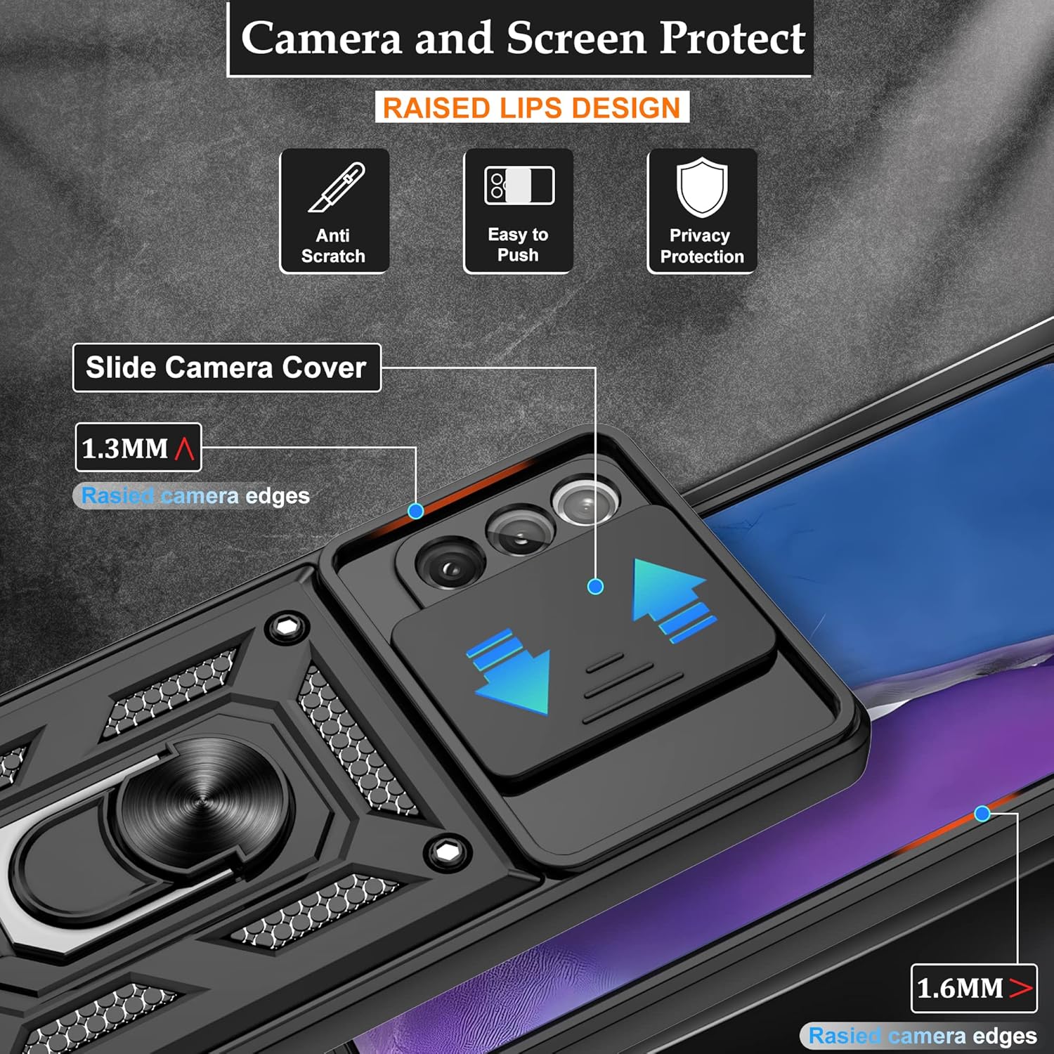for Samsung Galaxy Note20 Case with Slide Camera Cover, Military-Grade Protection, 360 Rotating Kickstand, Includes 1 Pack HD Screen Protectors丨Black
