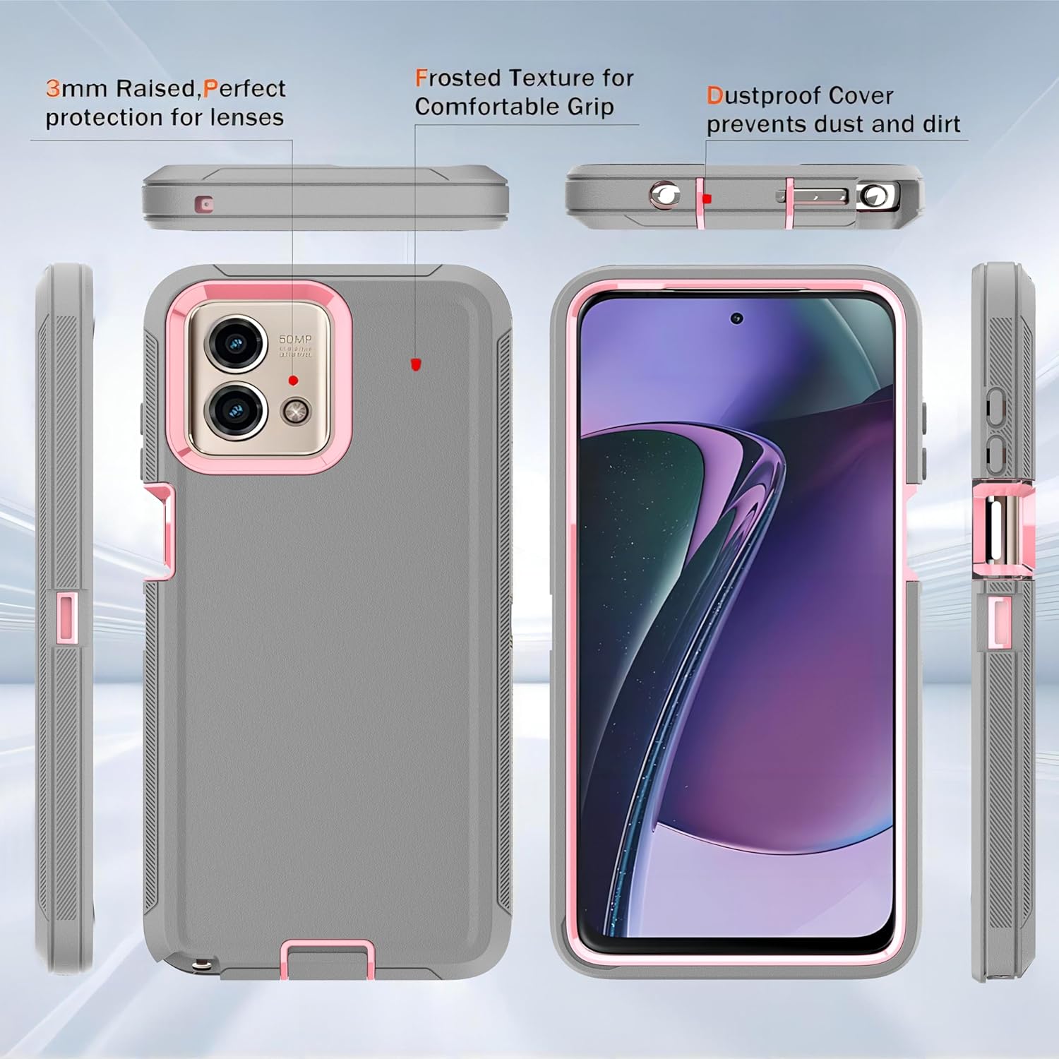 YmhxcY Moto G Stylus 5G (2023) Case - 3-in-1 Heavy Duty Rubber Protection Cover,Military Grade Shockproof Secure Layered Moto G Stylus 5G (2023) Phone Case-Grey/Pink