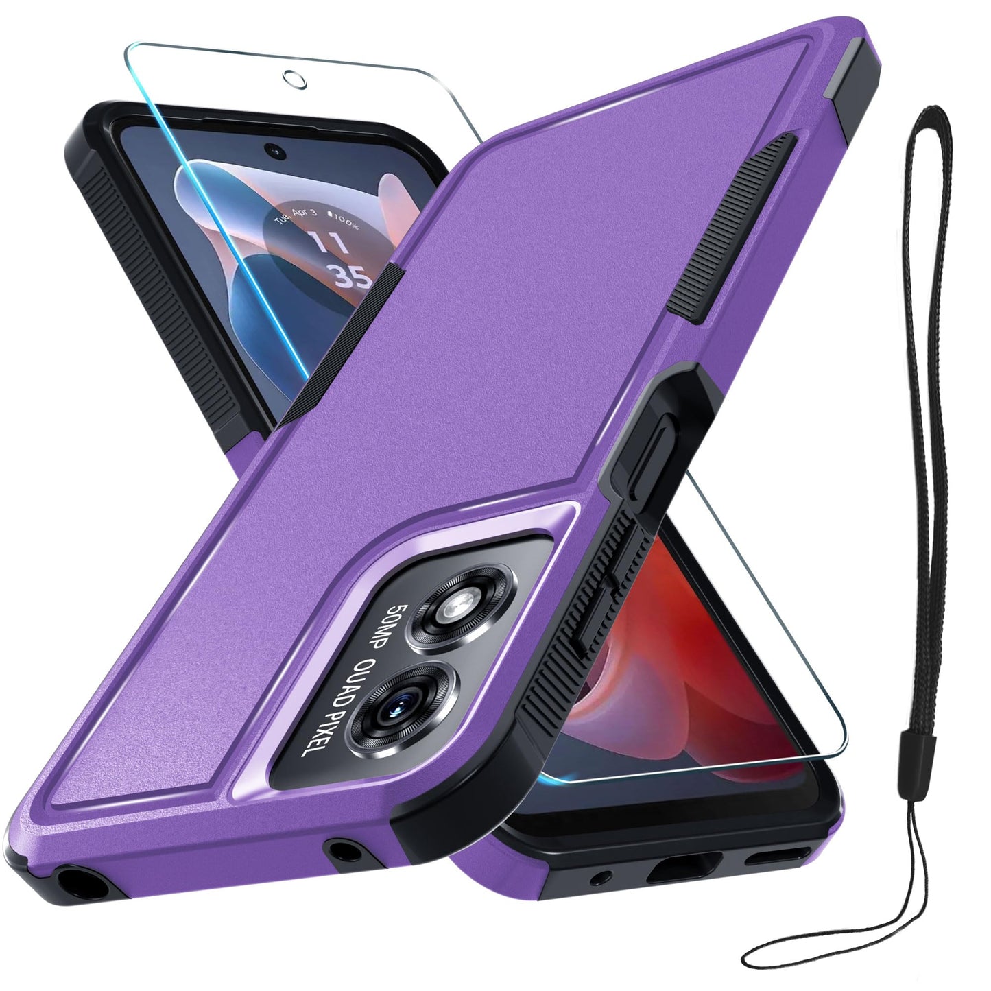 for Motorola G Play 2026/Moto G 2026 Case, Full Body Heavy Duty Rugged Shockproof Protective Phone Cover with Lanyard Strap+Tempered Glass Screen Protector, Black Matte