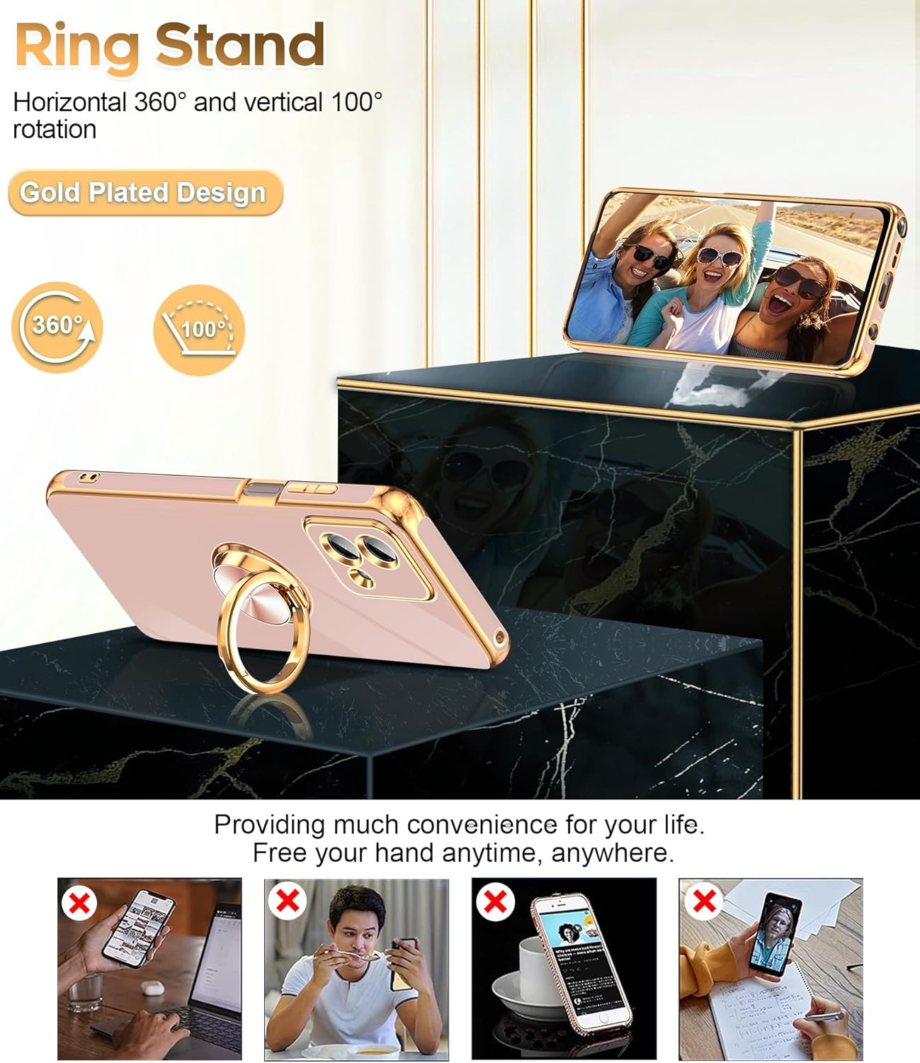 LeYi for Moto G Stylus 5G 2023 Phone Case: with Tempered Glass Screen Protector [2 Pack] 360° Rotatable Ring Holder Magnetic Kickstand, Plating Rose Gold Edge Motorola G Stylus 5G 2023 Case, Pink