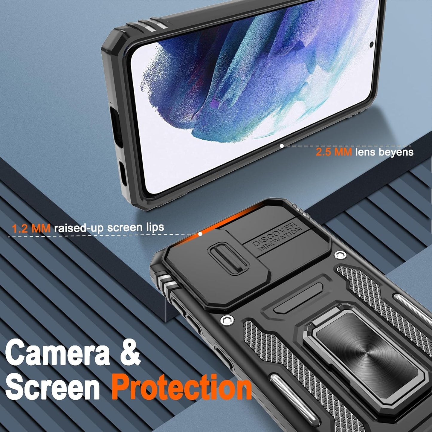 ATUMP for Samsung Galaxy S21 Case with [2 Pack] HD Screen Protector & Slide Camera Cover, 360° Rotation Ring Kickstand [Military Grade] Shockproof Protective Case for Galaxy S21 5G 6.2inch, Black