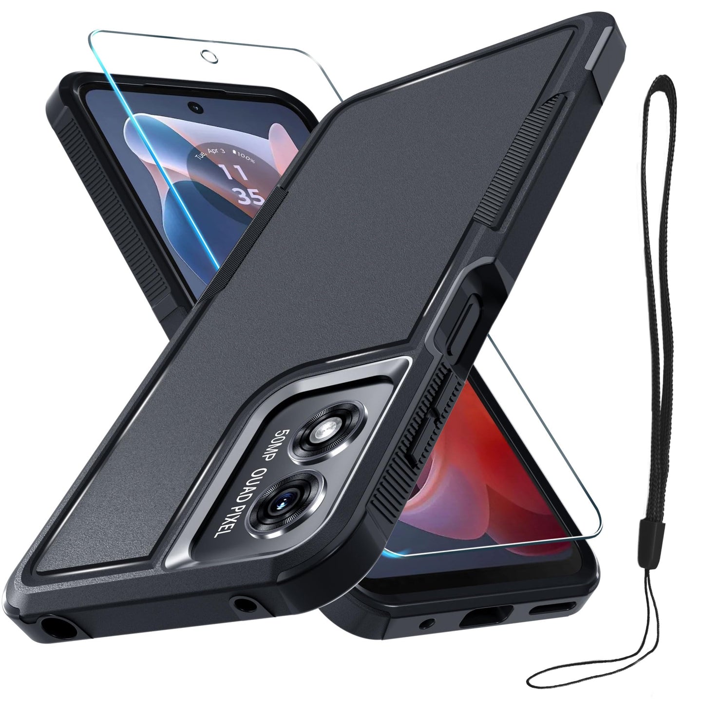 for Motorola Moto G Power 2026 Case, Full Body Heavy Duty Rugged Shockproof Protective Phone Cover with Lanyard Strap+Tempered Glass Screen Protector, Black Matte