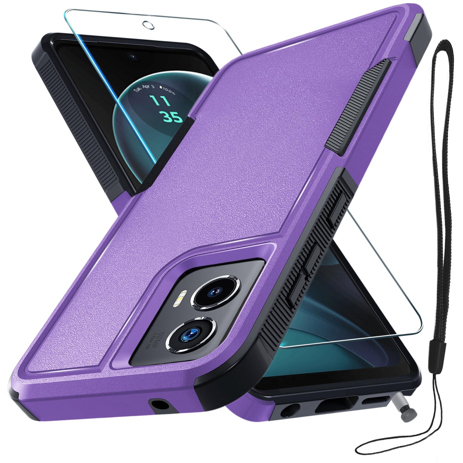 for Motorola Moto G Power 2026 Case, Full Body Heavy Duty Rugged Shockproof Protective Phone Cover with Lanyard Strap+Tempered Glass Screen Protector, Black Matte