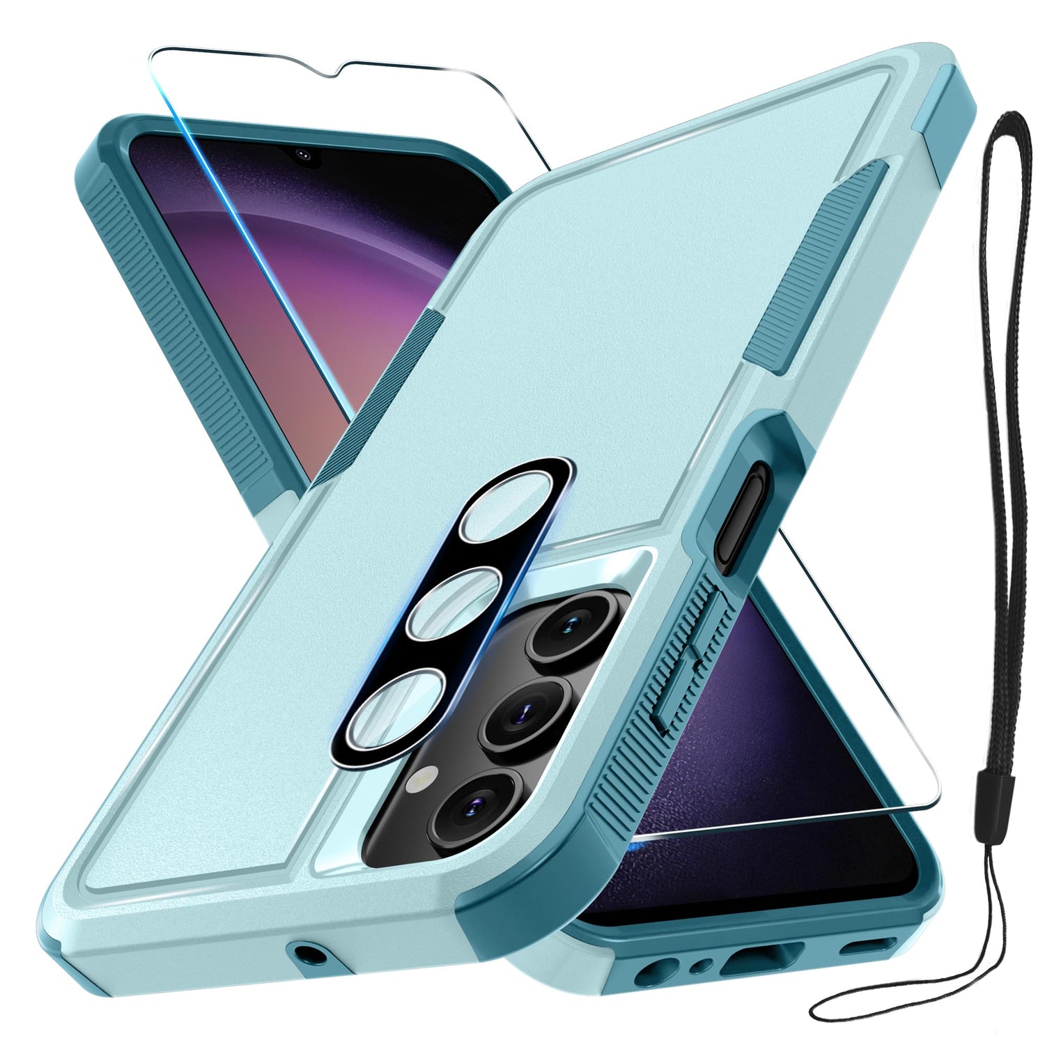 Case for Samsung Galaxy A17 5G Phone Cover with Screen Protector+Camera Lens Cover,Military Grade Heavy Duty Shockproof PhoneCase with Wrist Lanyard Strap for Sam A17,Mint Green