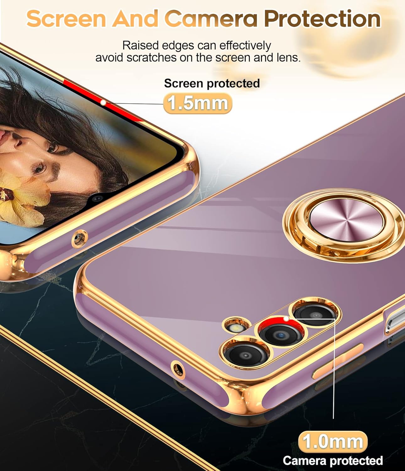 LeYi for Samsung Galaxy A14 5G Case with [2 Pack] Tempered Glass Screen Protector 360° Rotatable Ring Holder Magnetic Kickstand, Plating Rose Gold Edge Protective Case, Purple