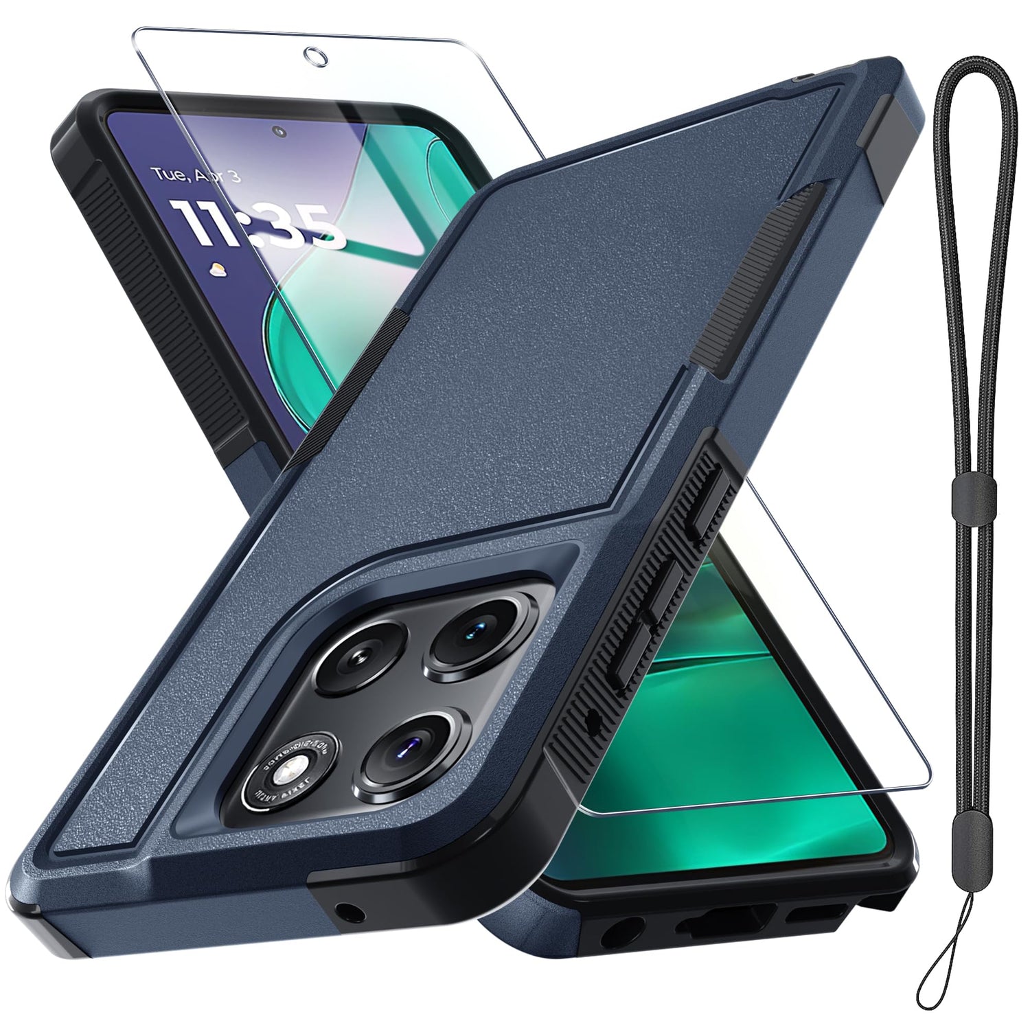 for Motorola Moto G Power 2026 Case, Full Body Heavy Duty Rugged Shockproof Protective Phone Cover with Lanyard Strap+Tempered Glass Screen Protector, Black Matte