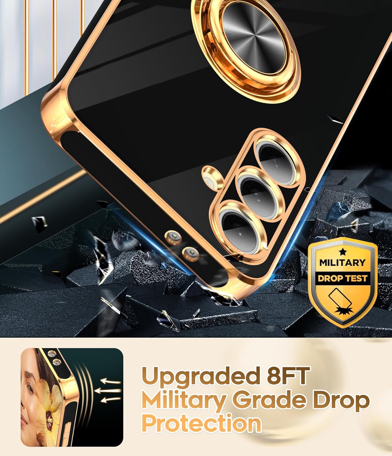 LeYi for Samsung Galaxy S24-FE Case: with 2 Pack Tempered Glass Screen Protector and 360° Rotatable Ring Holder Magnetic Kickstand, Plating Rose Gold Edge Funda para Galaxy S24FE 5G Case, Black