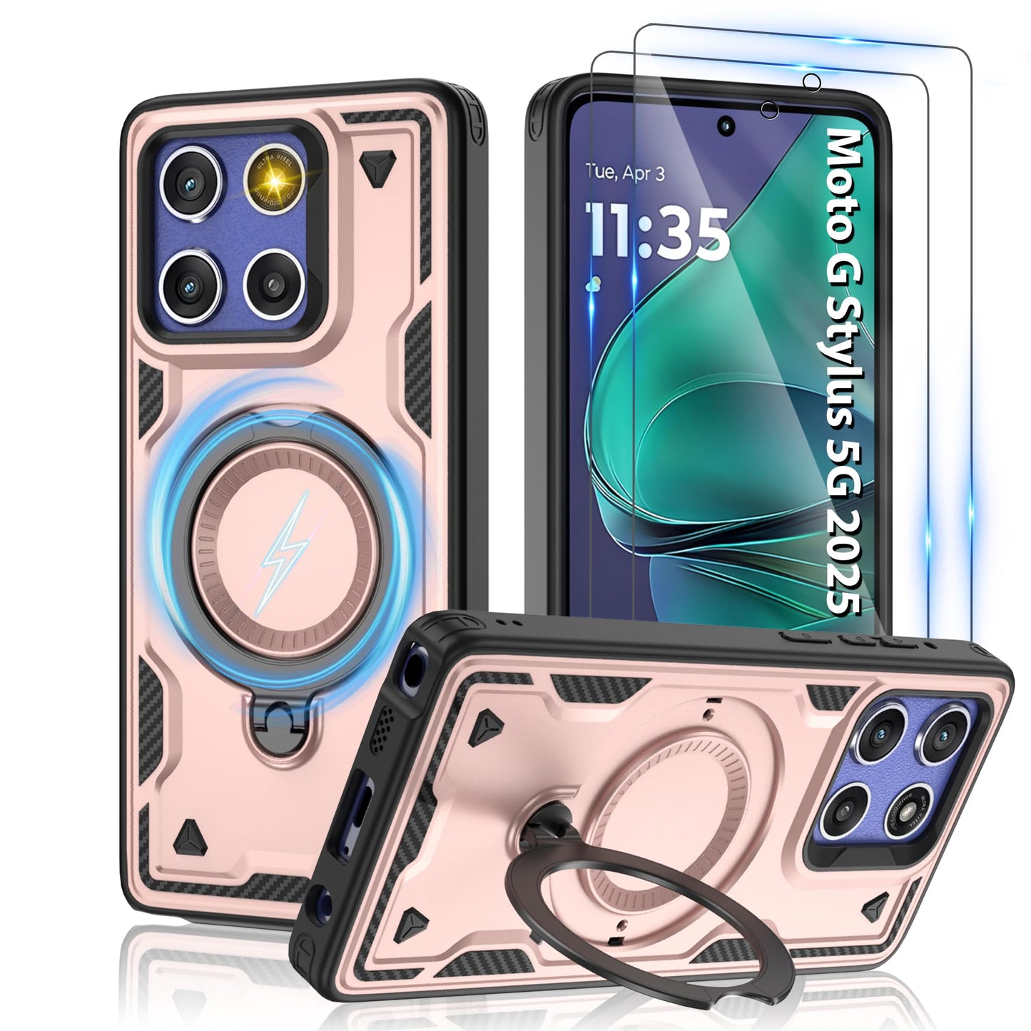 for Motorola Moto G Stylus 5G 2024 Magnetic Case,Compatible with MagSafe & [HD Screen Protector×2],Metal Rotated Kickstand,Military Grade Drop Proof Anti-Fingerprint Protective,Black