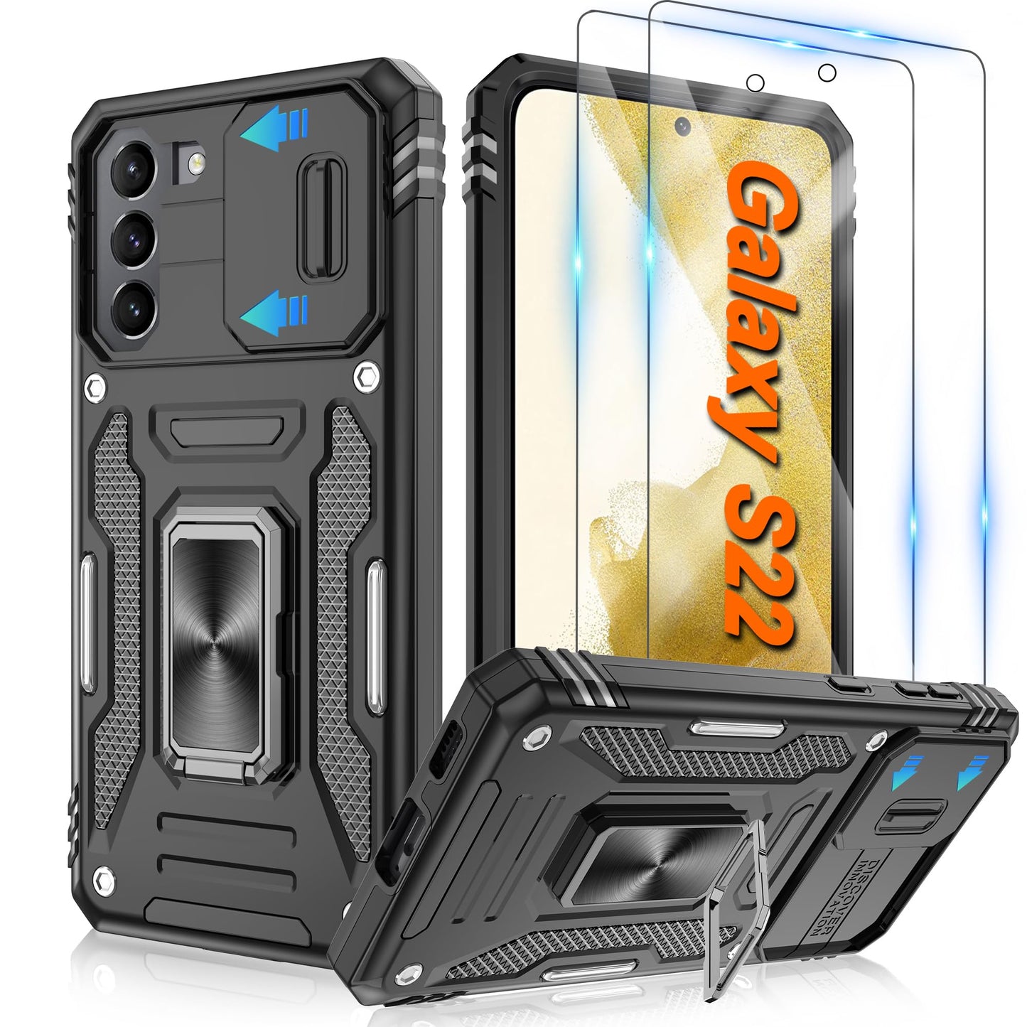ATUMP for Samsung Galaxy S23 Case with [2 Pack] HD Screen Protector & Slide Camera Cover, 360° Rotation Ring Kickstand [Military Grade] Shockproof Protective Case for Galaxy S23 5G 6.1", Black