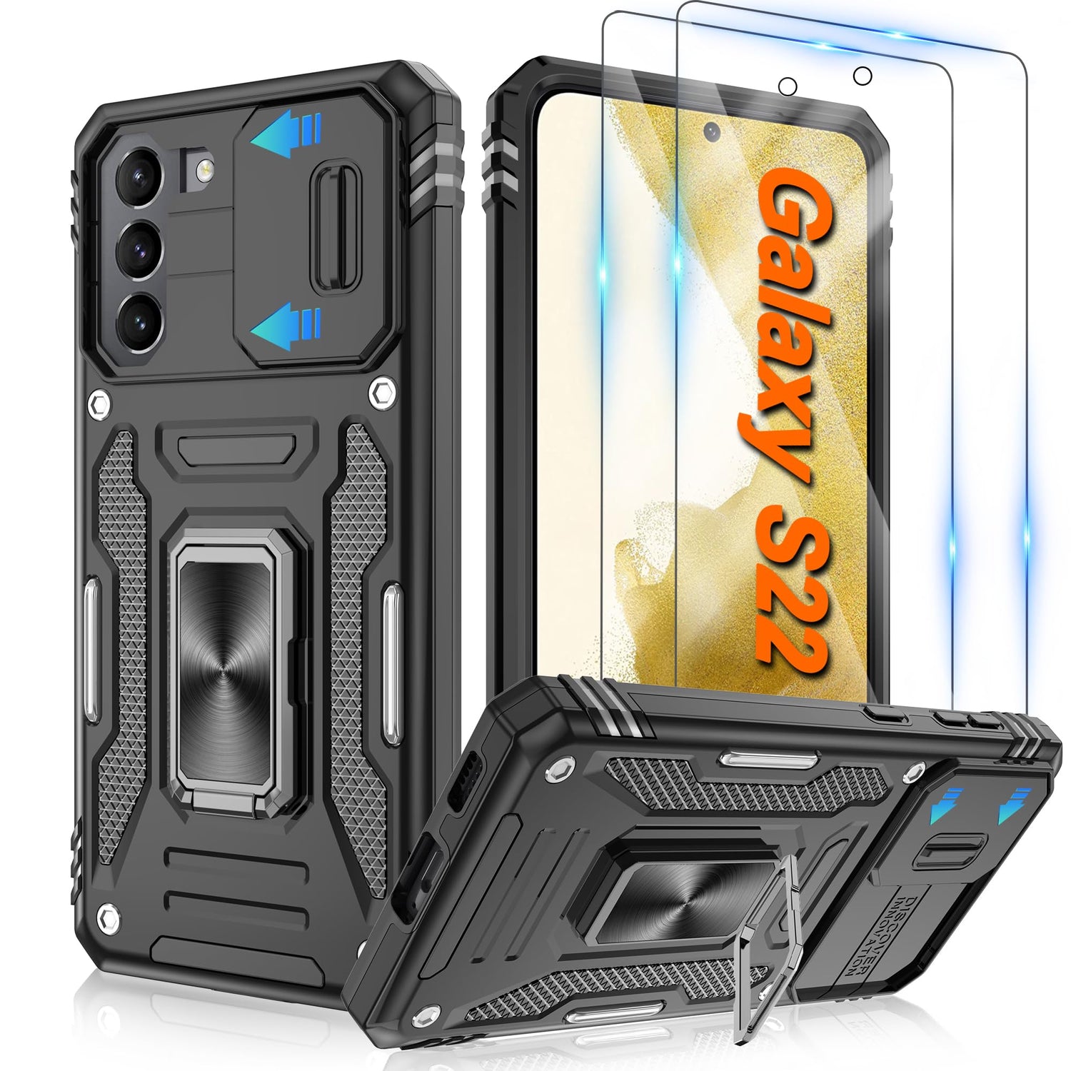 ATUMP for Samsung Galaxy S23 Case with [2 Pack] HD Screen Protector & Slide Camera Cover, 360° Rotation Ring Kickstand [Military Grade] Shockproof Protective Case for Galaxy S23 5G 6.1", Black